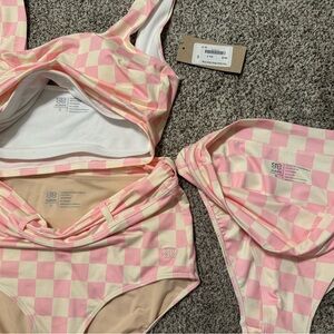 Albion Fit Pink and Cream Checkered Swim Set